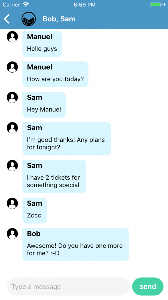 TextChat code sample for NativeScript
